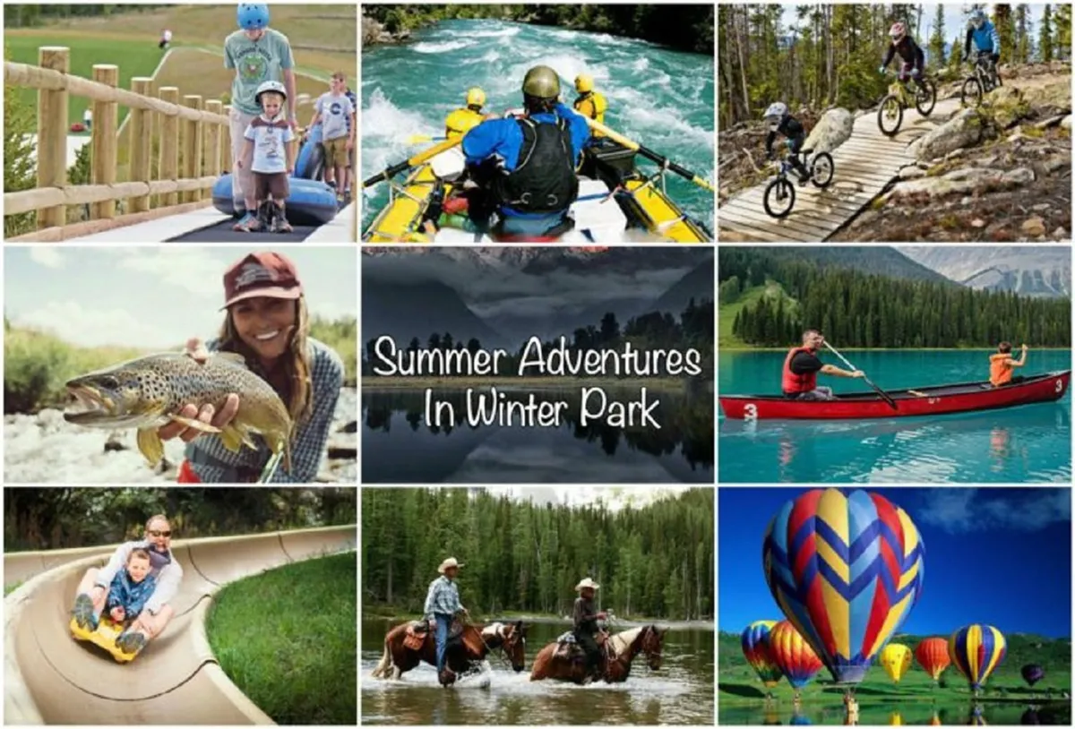 The image bursts with summer energy, showing families and groups enjoying rafting, biking, fishing, horseback riding, and even a hot air balloon ride, all set against a backdrop of lush nature and sparkling water.