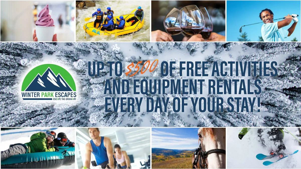 A vibrant collage featuring the Winter Park Escapes logo and images of various activities like rafting, skiing, horseback riding, and golfing, with text promoting complimentary adventures and equipment rentals.
